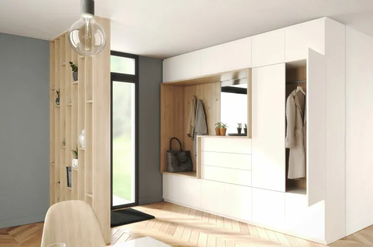 Rangement d’entrée blanc avec miroir, penderie et tiroirs